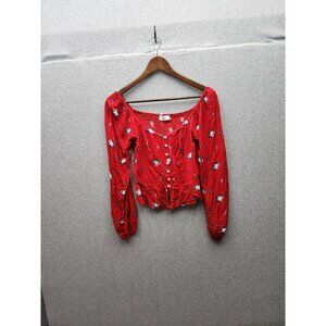 Vintage-Inspired Hollister Womens Red Floral Button-Up Crop Top Long Sleeves Siz